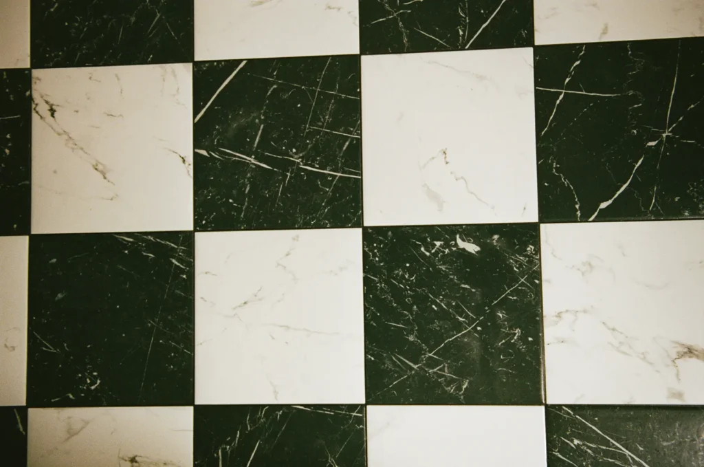 Black and white marble checkerboard flooring